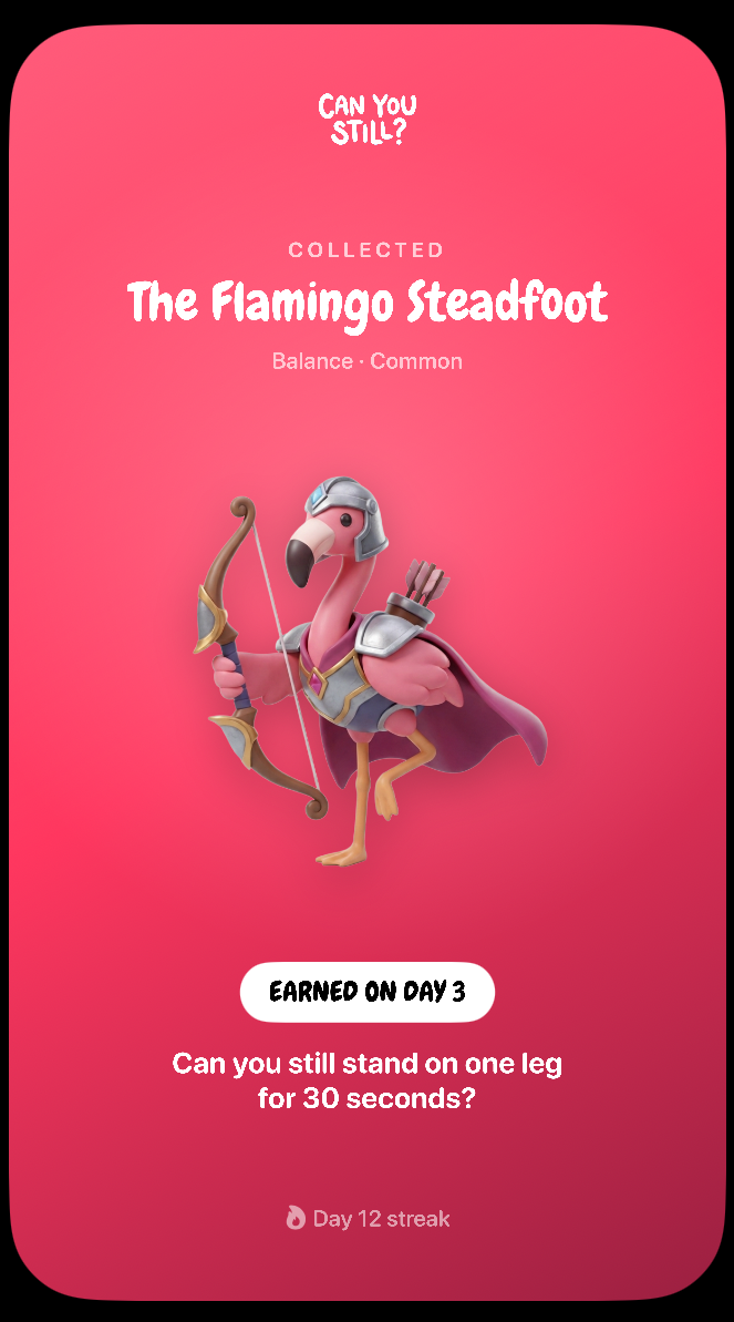 A share card showing The Flamingo Steadfoot, earned on day 3