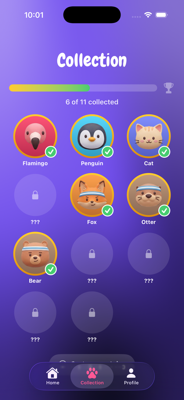 The collection screen showing unlocked animal champions