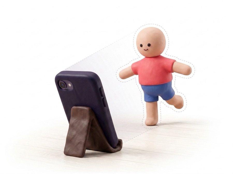 A phone propped up watching a small figure balance on one leg
