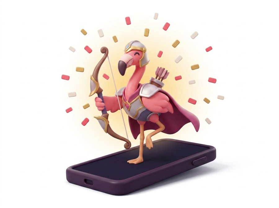 An armoured flamingo champion rising out of a phone amid confetti